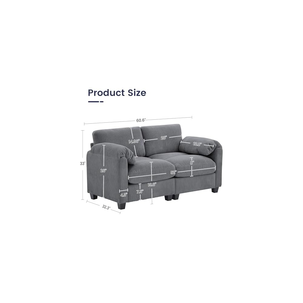Loveseat Sofa, Modern 2 Seater Corduroy Sofa Couch for Living Room Bedroom Reading Room Office, Dark Gray