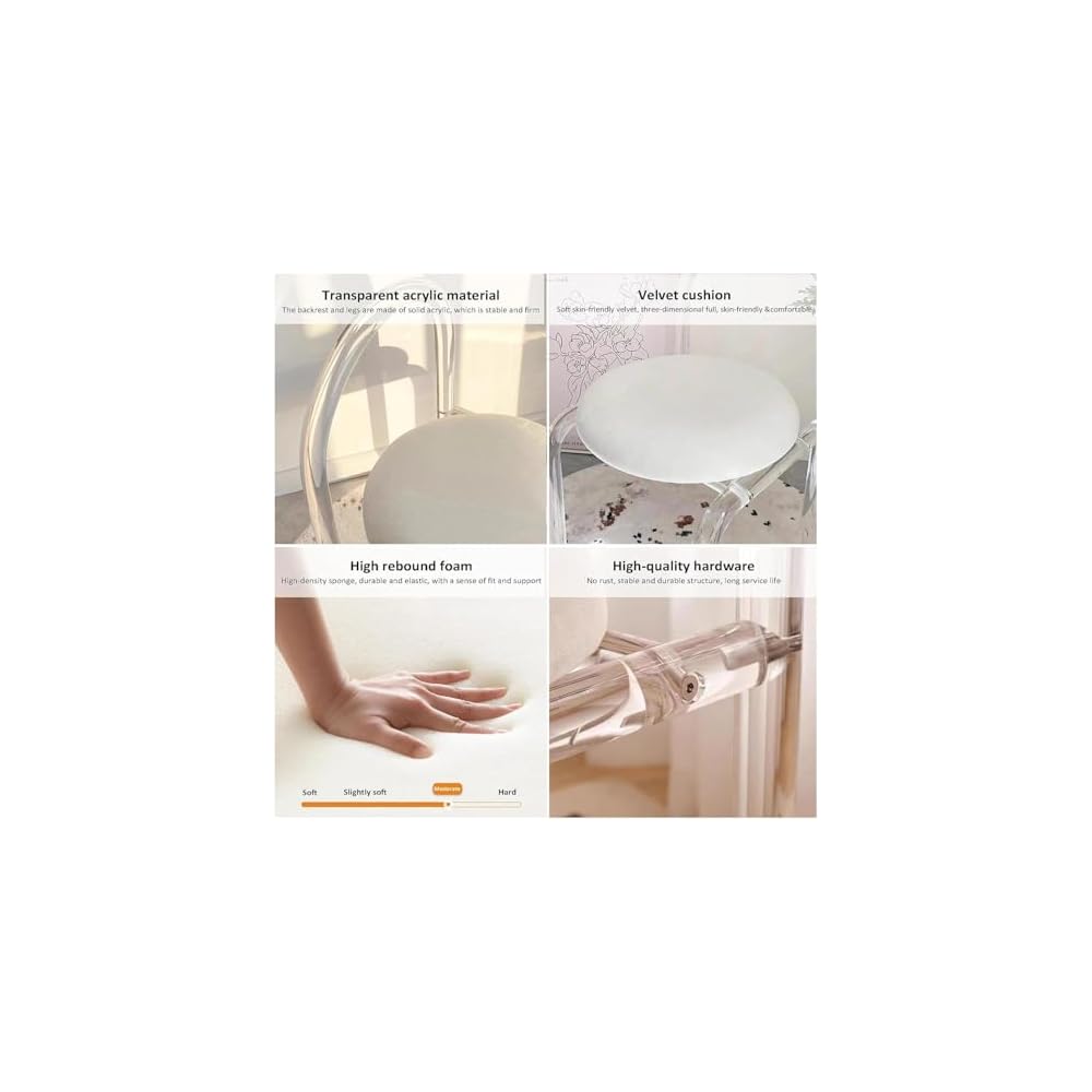 Modern Acrylic Vanity Chair with Backrest - Transparent Crystal Design, Plush Velvet Upholstery, High-Density Foam, Non-Slip Base - Stylish & Comfortable for Home/Office Use (Milky White)