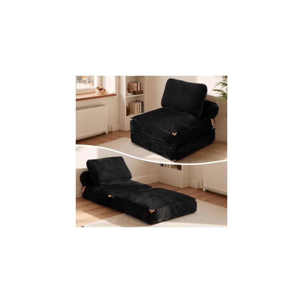 ovios Folding Sofa Bed Indoor, Comfy Foldable Boneless Sleeper Chair, Portable Corduroy Floor Chairs with Cushion for Living Room Bedroom, Black