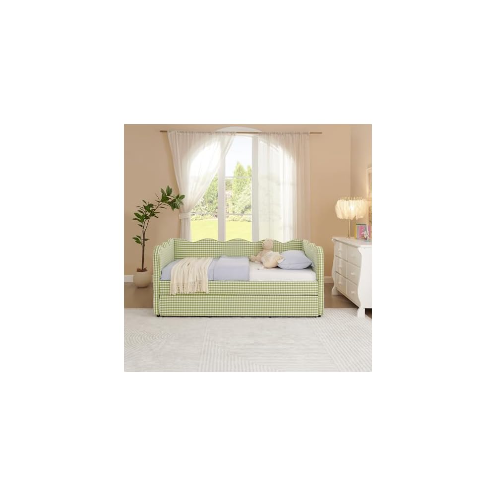 Cozy Gingham Daybed with Trundle Twin Size Sofa Bed No Box Spring Needed, with USB Port and Adorable Wave Shaped, Linen Fabric, Navy (Green)