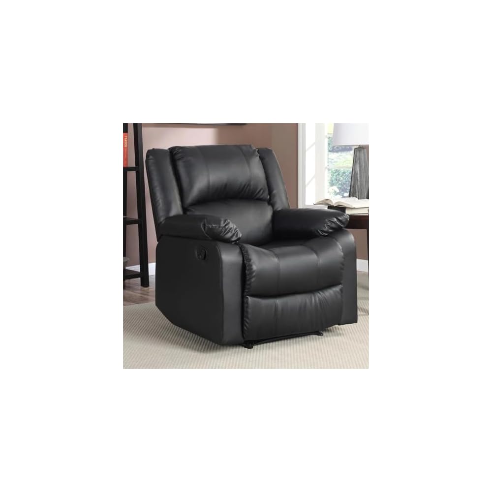 Standard Manual Recliner, Black Faux Leather Small Space Upholstered