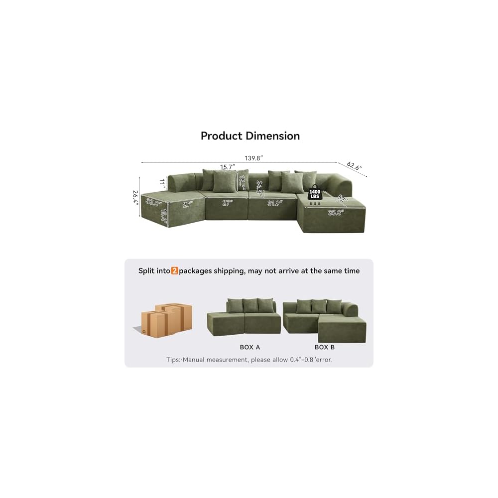 140''Oversized Cloud Velvet Curved Sectional Couch, Boneless Couch with L-Shape Chaise, Upholstered Compression Memory Foam Modular Sectional Sofa for Living Room, No Assembly Required, Green