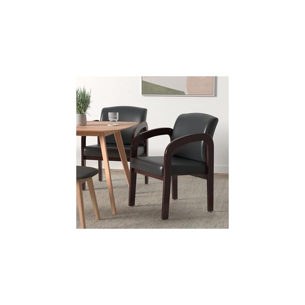 WorkSmart Office Star WD383-U6 Visitors Chair with Mahogany Finish Base and Arms, Black Faux Leather