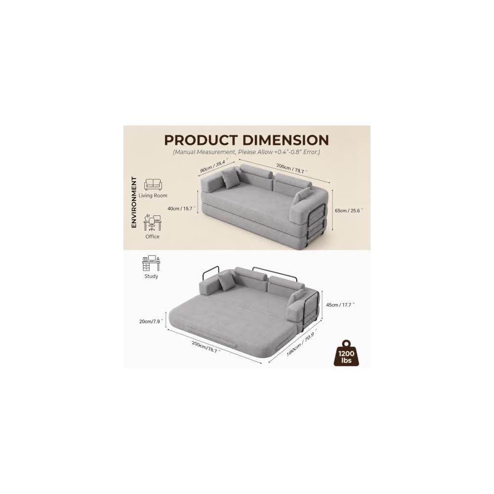 79 Inch Boneless Sofa Bed, 4-in-1 Convertible Corduroy Folding Futon, Memory Foam Cloud Couch with Removable Slipcovers & Cylindrical Headrest for Living Room Apartment, Gray