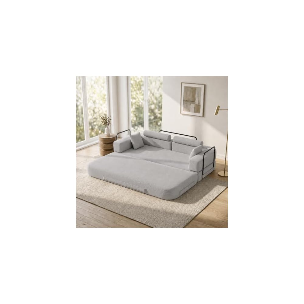 79 Inch Boneless Sofa Bed, 4-in-1 Convertible Corduroy Folding Futon, Memory Foam Cloud Couch with Removable Slipcovers & Cylindrical Headrest for Living Room Apartment, Gray