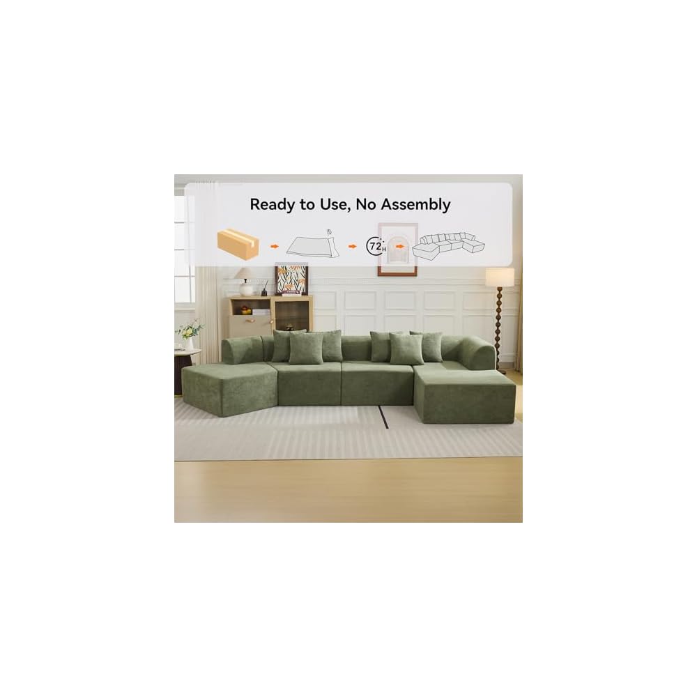 140''Oversized Cloud Velvet Curved Sectional Couch, Boneless Couch with L-Shape Chaise, Upholstered Compression Memory Foam Modular Sectional Sofa for Living Room, No Assembly Required, Green