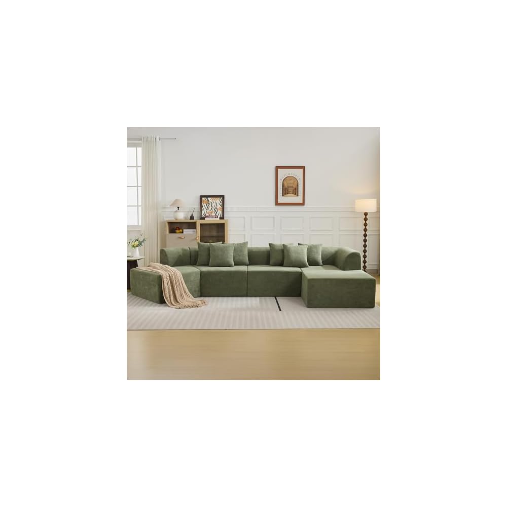 140''Oversized Cloud Velvet Curved Sectional Couch, Boneless Couch with L-Shape Chaise, Upholstered Compression Memory Foam Modular Sectional Sofa for Living Room, No Assembly Required, Green