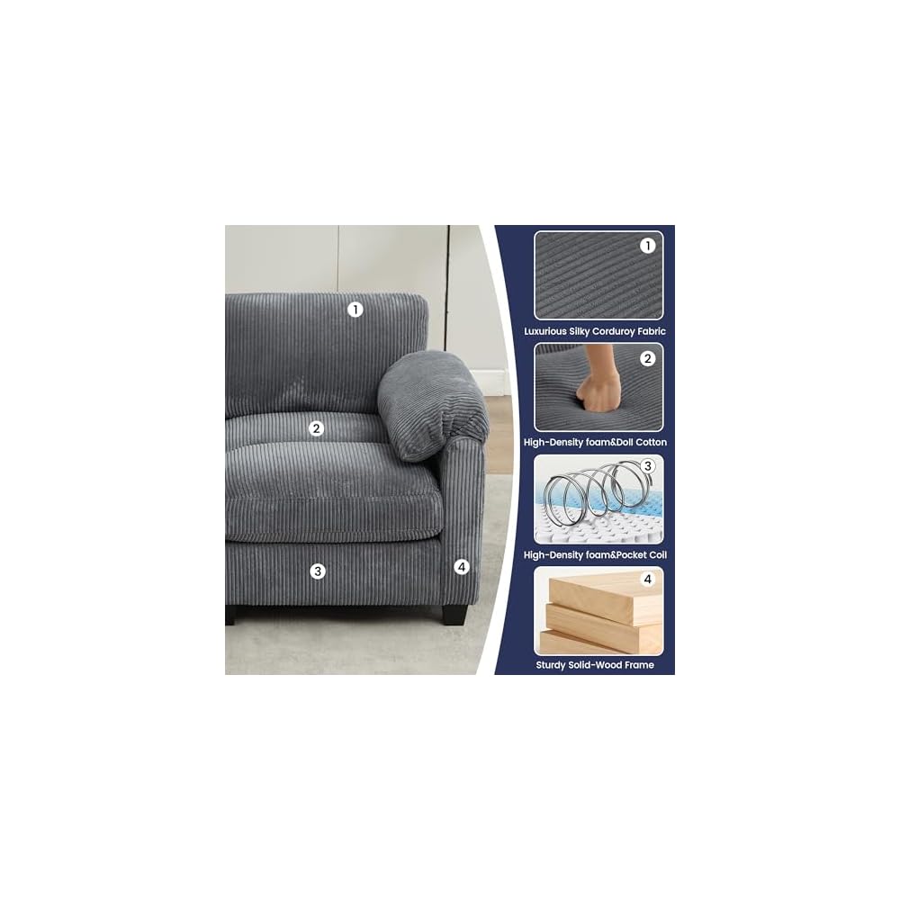Loveseat Sofa, Modern 2 Seater Corduroy Sofa Couch for Living Room Bedroom Reading Room Office, Dark Gray
