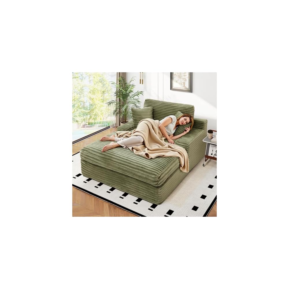 WorthFurni 57.5" Oversized Chaise Lounge Chair Indoor - Upholstered Sofa Bed with Cushions and Armrests Sleeper Chair - Plush Bed for Living Room(Green