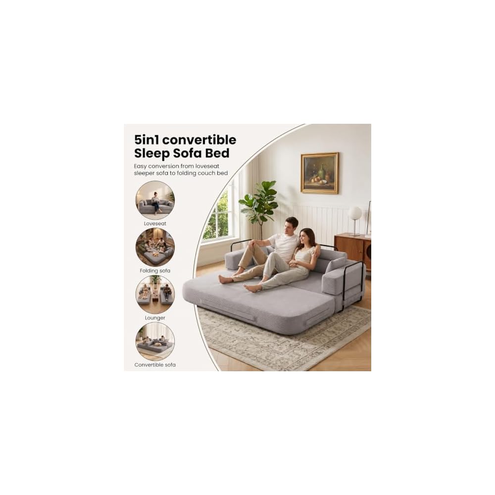 79 Inch Boneless Sofa Bed, 4-in-1 Convertible Corduroy Folding Futon, Memory Foam Cloud Couch with Removable Slipcovers & Cylindrical Headrest for Living Room Apartment, Gray