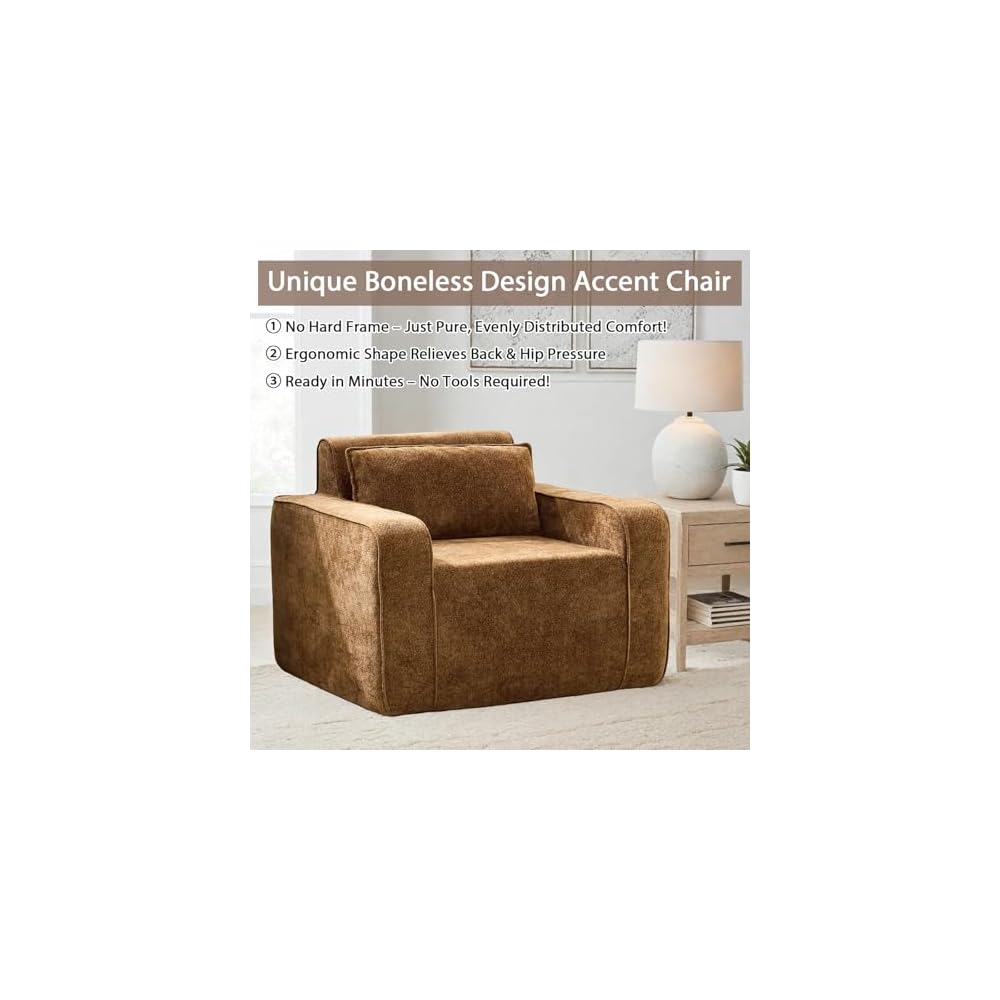 Boneless Accent Chair Set of 2, 42'' Wide Oversized Boneless Sofa, Chenille Mid Century Modern Armchair for Living Room Bedroom, Comfy Accent Chair Single Sofa, Brown