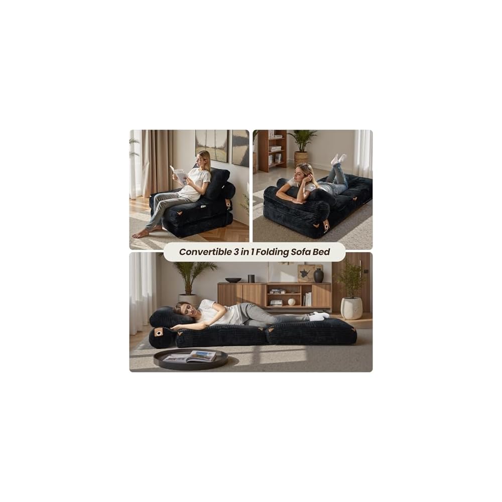 ovios Folding Sofa Bed Indoor, Comfy Foldable Boneless Sleeper Chair, Portable Corduroy Floor Chairs with Cushion for Living Room Bedroom, Black