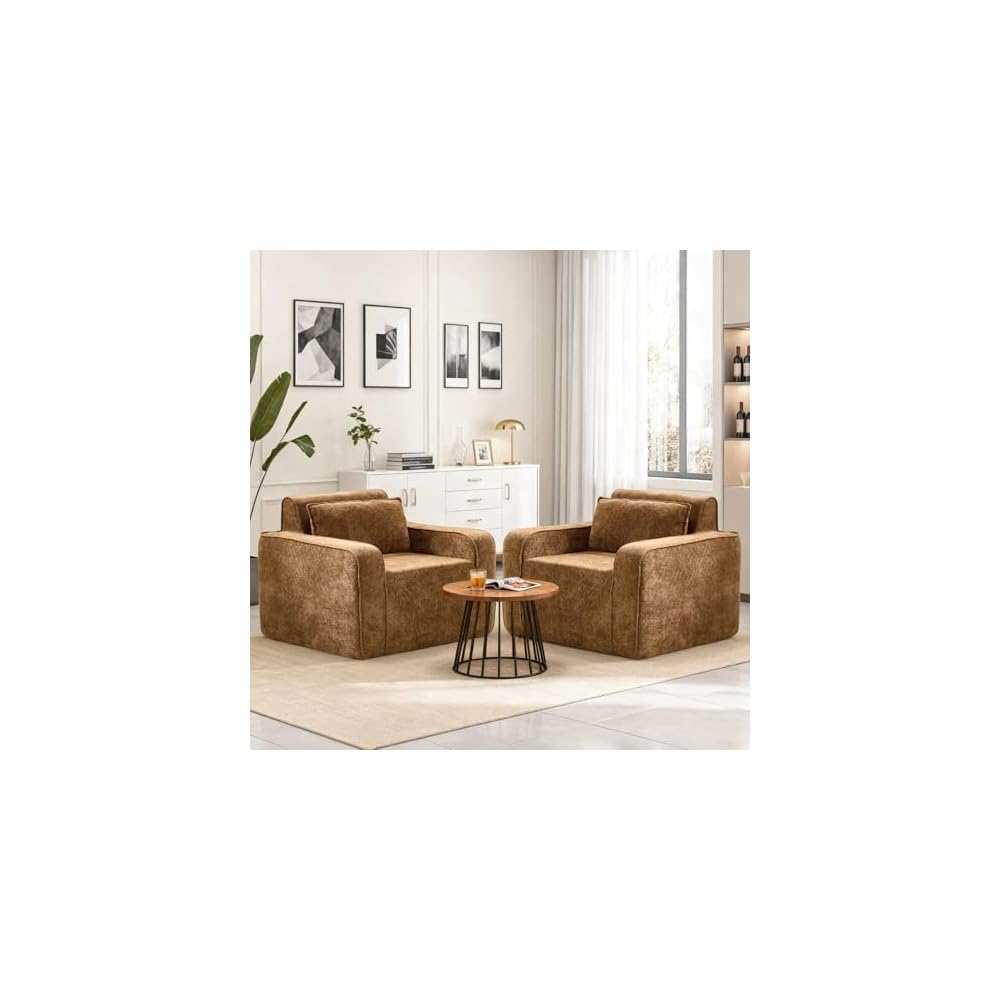 Boneless Accent Chair Set of 2, 42'' Wide Oversized Boneless Sofa, Chenille Mid Century Modern Armchair for Living Room Bedroom, Comfy Accent Chair Single Sofa, Brown