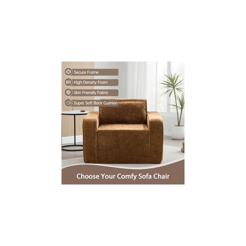 Boneless Accent Chair Set of 2, 42'' Wide Oversized Boneless Sofa, Chenille Mid Century Modern Armchair for Living Room Bedroom, Comfy Accent Chair Single Sofa, Brown