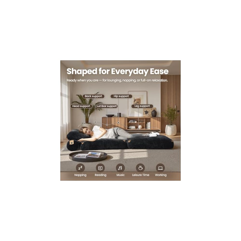 ovios Folding Sofa Bed Indoor, Comfy Foldable Boneless Sleeper Chair, Portable Corduroy Floor Chairs with Cushion for Living Room Bedroom, Black