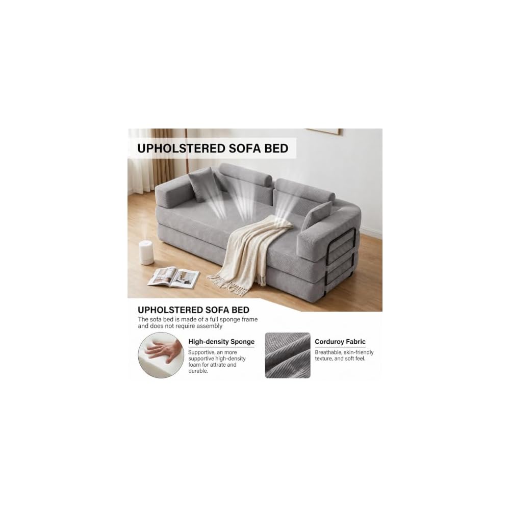 79 Inch Boneless Sofa Bed, 4-in-1 Convertible Corduroy Folding Futon, Memory Foam Cloud Couch with Removable Slipcovers & Cylindrical Headrest for Living Room Apartment, Gray