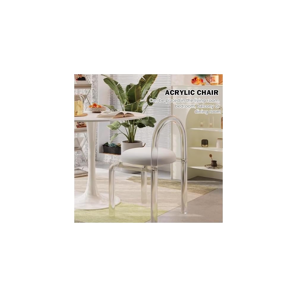 Modern Acrylic Vanity Chair with Backrest - Transparent Crystal Design, Plush Velvet Upholstery, High-Density Foam, Non-Slip Base - Stylish & Comfortable for Home/Office Use (Milky White)