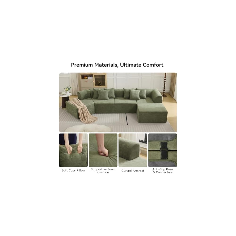 140''Oversized Cloud Velvet Curved Sectional Couch, Boneless Couch with L-Shape Chaise, Upholstered Compression Memory Foam Modular Sectional Sofa for Living Room, No Assembly Required, Green