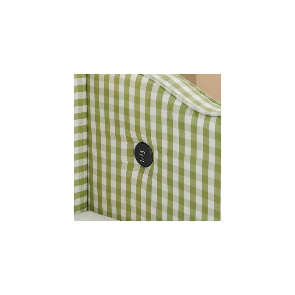 Cozy Gingham Daybed with Trundle Twin Size Sofa Bed No Box Spring Needed, with USB Port and Adorable Wave Shaped, Linen Fabric, Navy (Green)