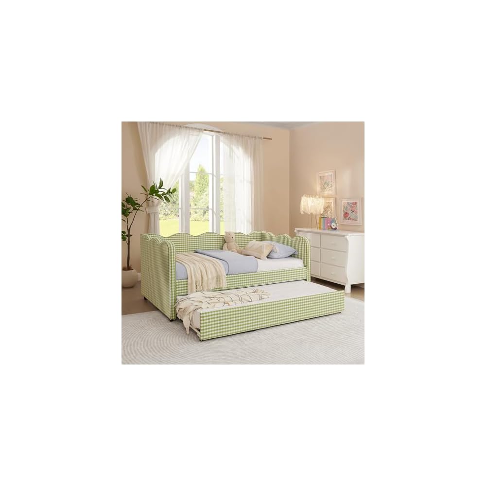 Cozy Gingham Daybed with Trundle Twin Size Sofa Bed No Box Spring Needed, with USB Port and Adorable Wave Shaped, Linen Fabric, Navy (Green)