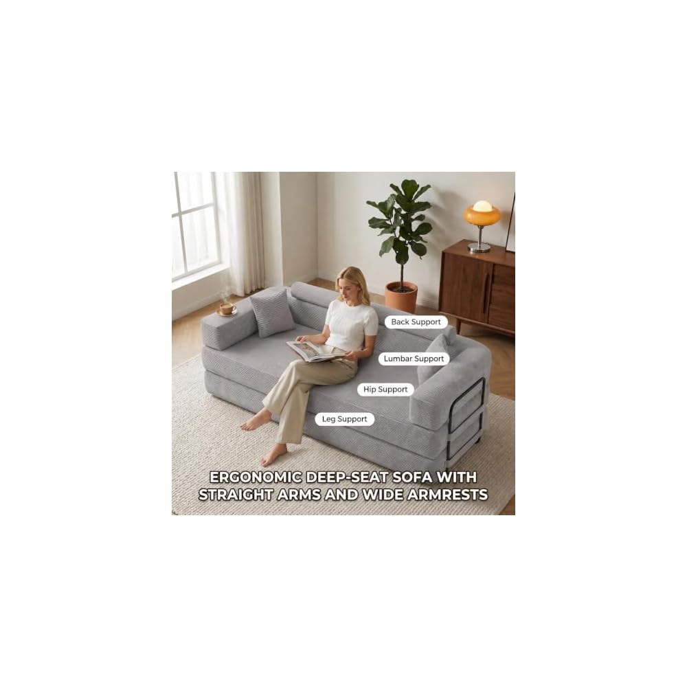 79 Inch Boneless Sofa Bed, 4-in-1 Convertible Corduroy Folding Futon, Memory Foam Cloud Couch with Removable Slipcovers & Cylindrical Headrest for Living Room Apartment, Gray