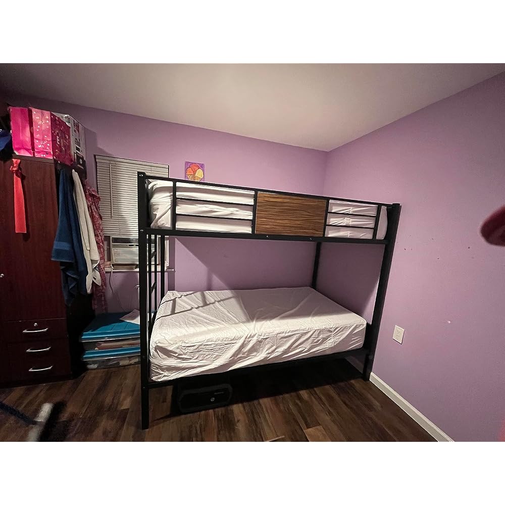 East West Furniture LYT0BLK Lynfield Twin Bunk Bed - Two Metal Beds with Two Steps Ladder and Guard Rails - Twin Over Twin Bunk Bed - Black Powder Coating Color