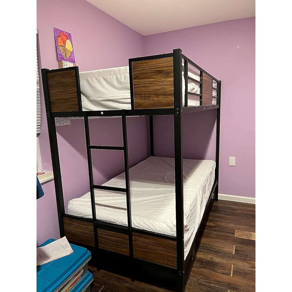 East West Furniture LYT0BLK Lynfield Twin Bunk Bed - Two Metal Beds with Two Steps Ladder and Guard Rails - Twin Over Twin Bunk Bed - Black Powder Coating Color