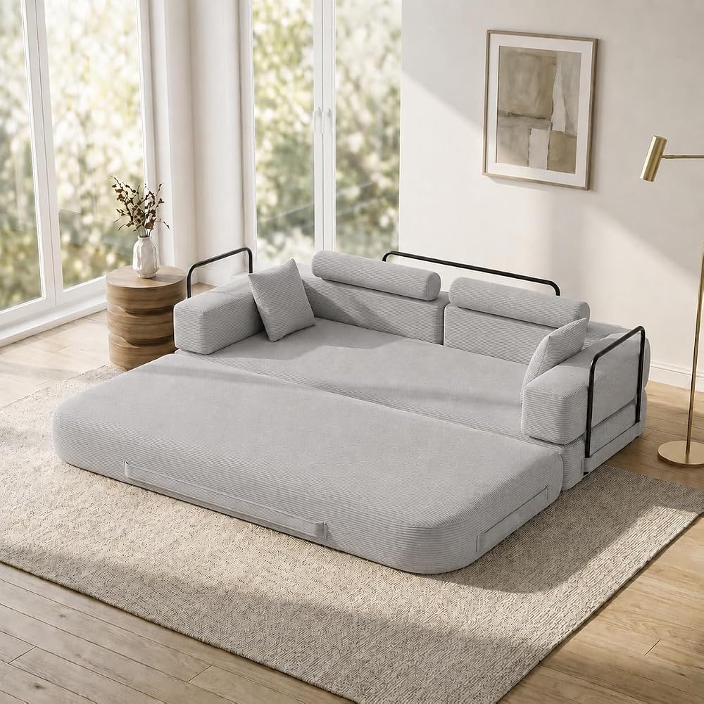 79 Inch Boneless Sofa Bed, 4-in-1 Convertible Corduroy Folding Futon, Memory Foam Cloud Couch with Removable Slipcovers & Cylindrical Headrest for Living Room Apartment, Gray