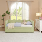 Cozy Gingham Daybed with Trundle Twin Size Sofa Bed No Box Spring Needed, with USB Port and Adorable Wave Shaped, Linen Fabric, Navy (Green)