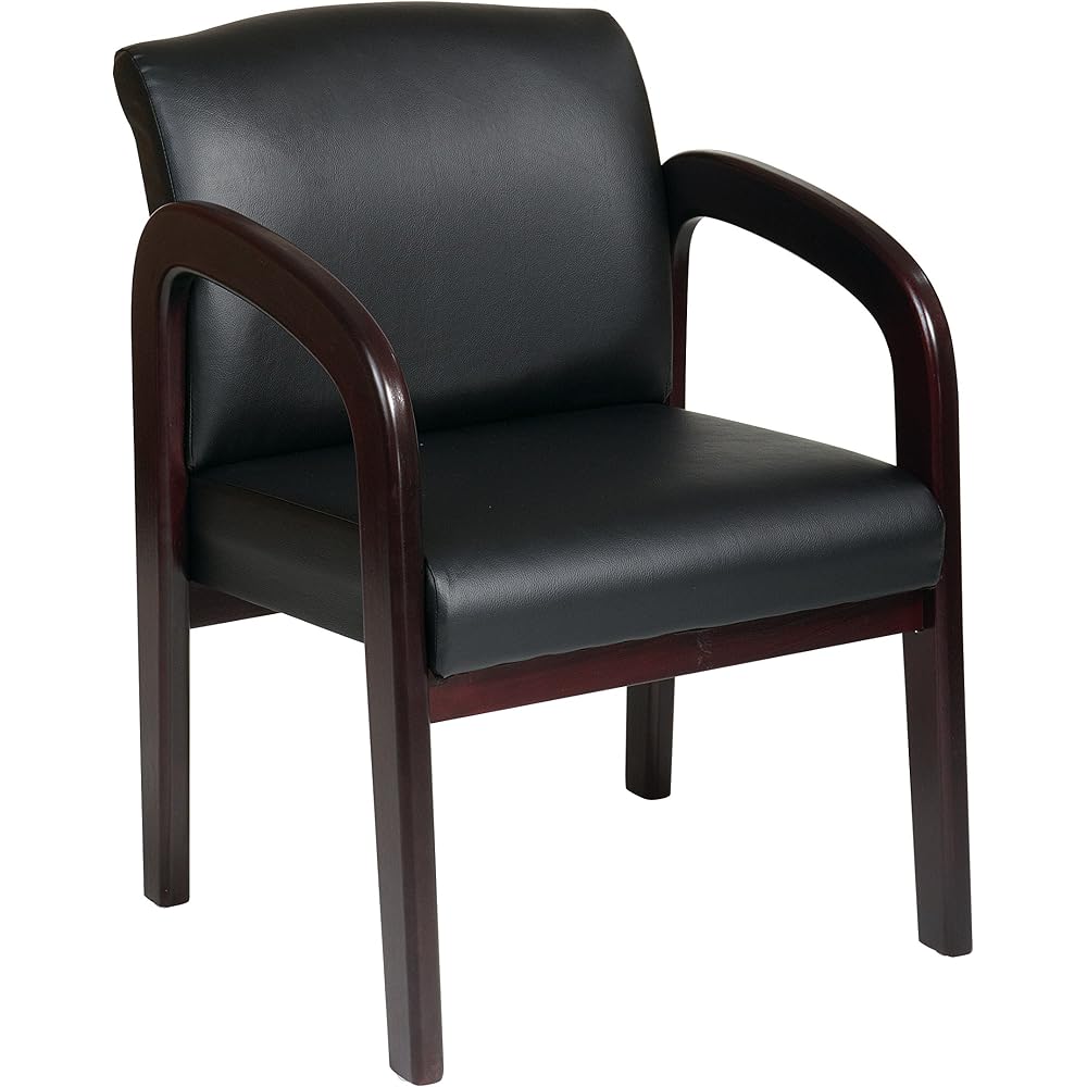 WorkSmart Office Star WD383-U6 Visitors Chair with Mahogany Finish Base and Arms, Black Faux Leather