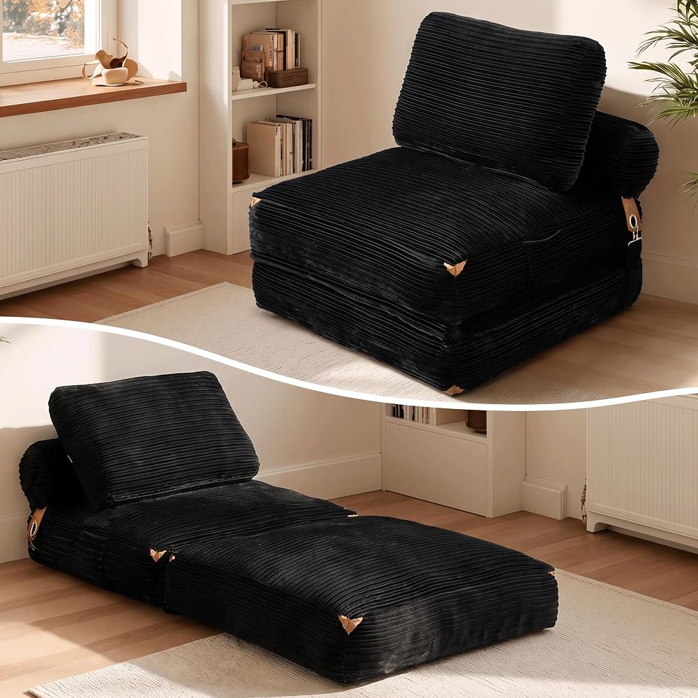 ovios Folding Sofa Bed Indoor, Comfy Foldable Boneless Sleeper Chair, Portable Corduroy Floor Chairs with Cushion for Living Room Bedroom, Black