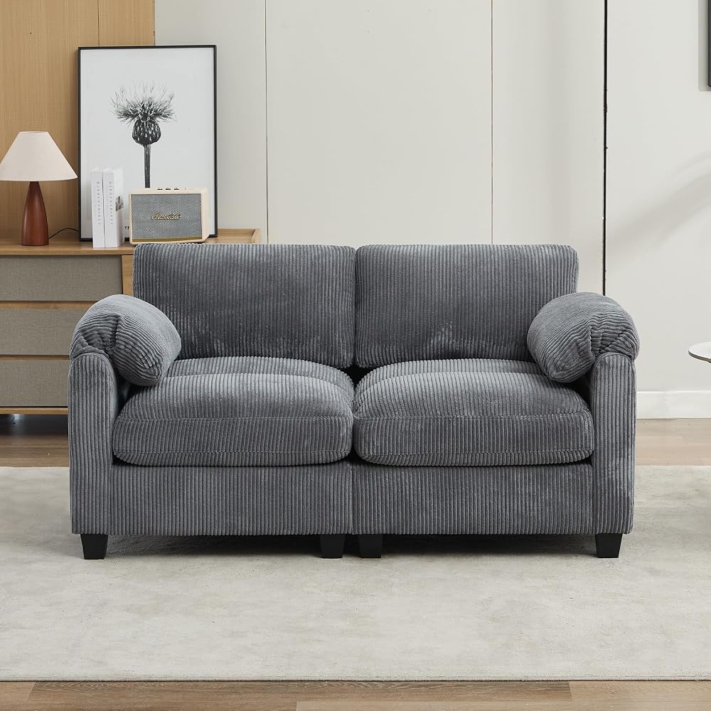 Loveseat Sofa, Modern 2 Seater Corduroy Sofa Couch for Living Room Bedroom Reading Room Office, Dark Gray